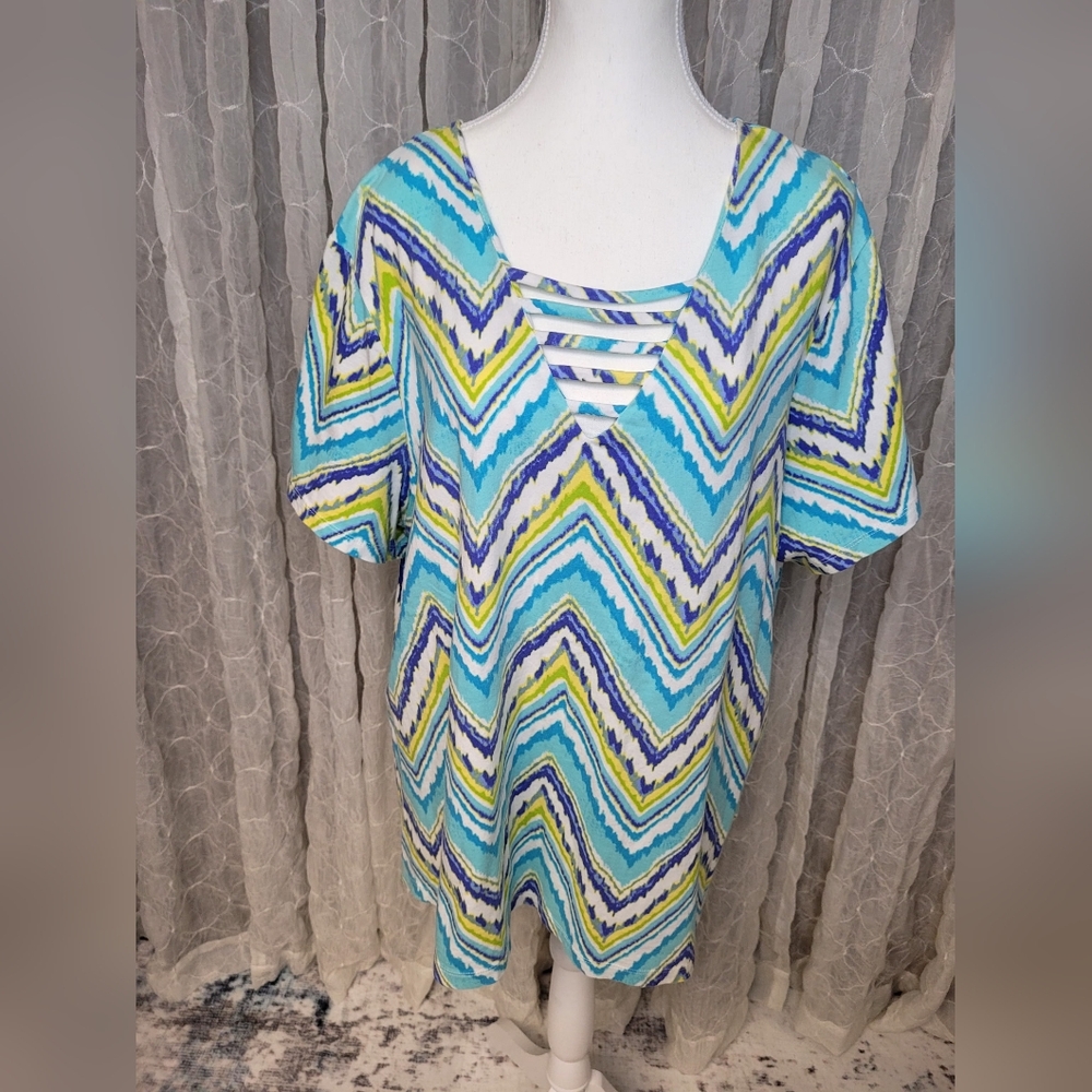 Caribbean Joe Multicolor Chevron Cotton Short Sleeves V Neck Ladder T Shirt 2X